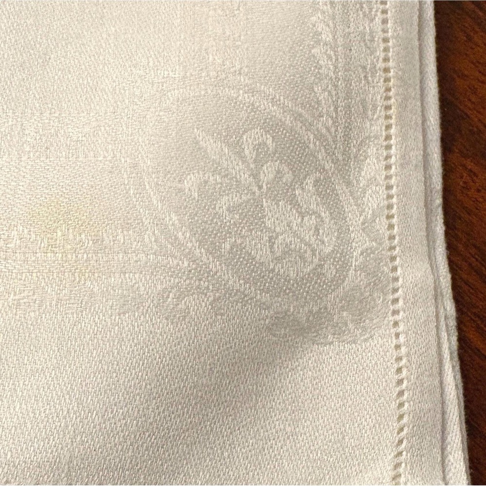 Vintage White Damask Napkins Hemstitched Fleur de Lis European Linen Set of 6